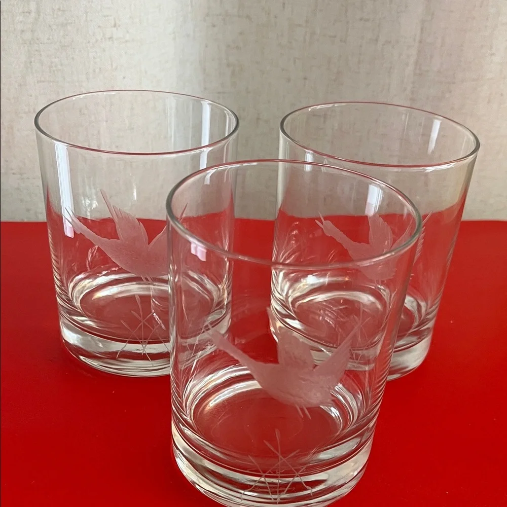 VTG.Crystal Etched Clear Glass Mallard Duck Highball Glasses Barware Set 3